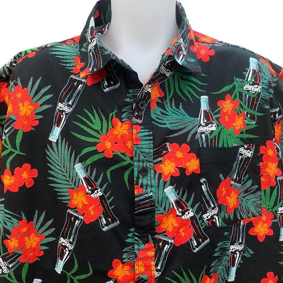 Coca-Cola Black Men XXL Hawaiian Button Up Shirt Floral Tropical Print - Picture 3 of 10